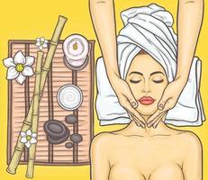 Vector pop art illustration portrait of a young beautiful woman in the spa salon
