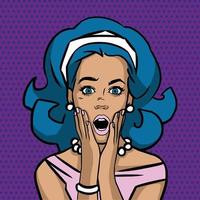 Pop art surprised woman face with open mouth. Comic woman with speech bubble. Vector illustration.