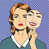 Woman with sad unhappy face holding mask with a fake smile. Vector illustration in comic retro pop art style.
