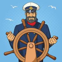 Captain character with ship steering wheel pop art vector illustration. Human character illustration. Comic book style imitation. Vintage retro style. Conceptual illustration