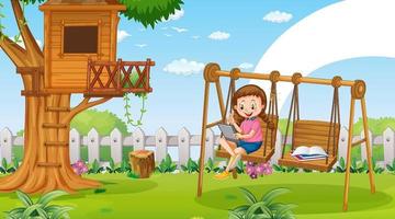 Kid learning online with tablet on swing chair in the park vector