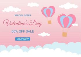 Special offer Valentine's Day horizontal banner template. Air balloons in heart shape flying in the sky. Pink background with white and blue clouds. vector