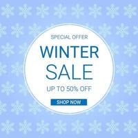 Winter sale square banner template. Discount text on blue background with snowflakes. vector