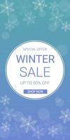 Winter sale vertical banner template. Discount text on blue gradient background with snowflakes vector