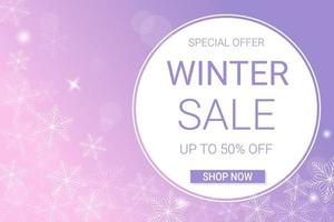 Winter sale horizontal banner template. Discount text on pink and purple gradient background with snowflakes vector