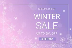 Winter sale horizontal banner template. Discount text on pink and purple gradient background with snowflakes and frame. vector
