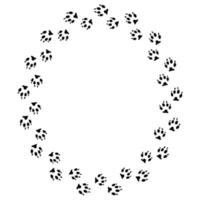 Round frame with black dog track isolated on white background. Animal footprint silhouette. Border with paw print.