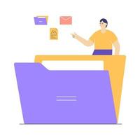 Office worker sorts and moves files. Modern concept of file management system, online document storage service, archive, paperwork organization. Flat cartoon vector illustration.