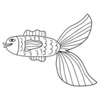 feliz, línea fina, caricatura, lindo, garabato, pez. Dibujado a mano alegre animal de acuario tropical. icono aislado sobre fondo blanco. vector