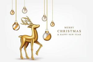 Elegant Merry Christmas with Golden reindeer and decoration balls realistic vector