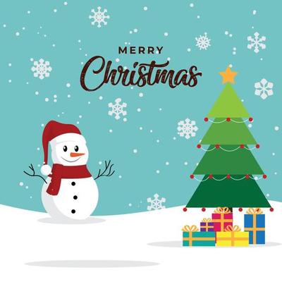 Merry Christmas and Happy New Year card with snowman Xmas tree and gifts on snow background
