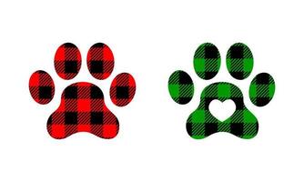 Dog paw silhouettes with Christmas buffalo patterns. Canine footprints with gingham checkered print vector