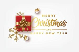 feliz navidad y feliz año nuevo cajas de regalo rojas realistas estrellas doradas bolas decorativas vector