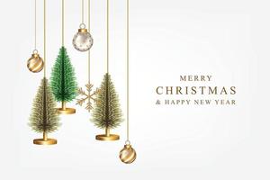 Merry Christmas and Happy New Year design with realistic pine trees golden snowflakes decorative vector