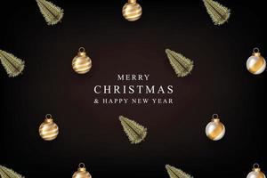 Merry Christmas and Happy New Year banner with realistic pine tree and Christmas balls vector