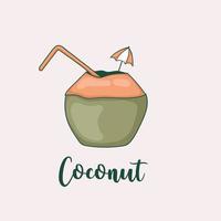 colorful hand drawn coconut illustration with straw vector