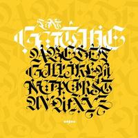 Gothic alphabet. Vector. Modern gothic. Black calligraphic letters on a yellow background. All letters are separate. Medieval latin letters. Ancient Germanic style. Drawn with marker. vector