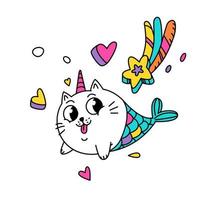 ilustración de un gato mágico en forma de sirena. vector. coño de personaje de dibujos animados en la imagen de un unicornio con corazones y una estrella. personaje kawaii. criatura mítica. pegatina para niñas. vector