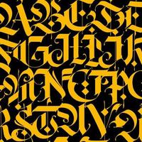 Pattern, ornament in the Gothic style. Vector. Alphabet. Symbols are yellow on a black background. Calligraphy and lettering. Medieval latin letters. Graphic elements. Elegant pattern for a tattoo. vector