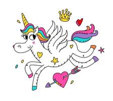 ilustración de un unicornio mágico corriendo con alas. vector. caballo lindo héroe de dibujos animados con un cuerno. personaje kawaii. criatura mítica, simboliza la castidad. pegatina para niñas. vector