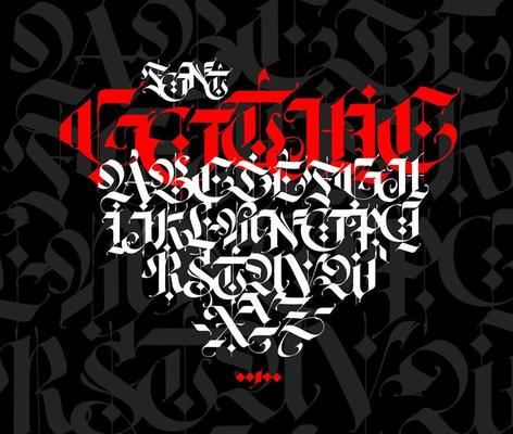 Gothic style alphabet. Vector. Letters and symbols on a black background. Calligraphy with a white marker. Medieval latin letters. Elegant font for tattoos. Ancient Germanic style.