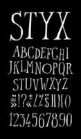 el alfabeto ordinario en ingles. vector. fuente de tiza blanca sobre un fondo negro. todas las letras se guardan por separado. conjunto completo de caracteres. estilo irónico.