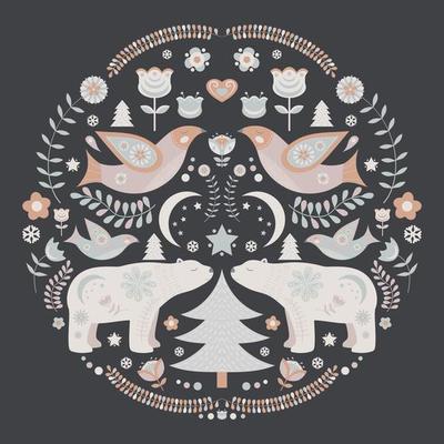 Scandinavian Christmas folk illustration with floral motifs and cute animals, bird and bear.