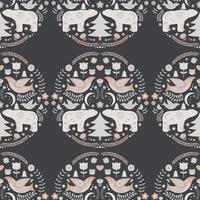 Christmas seamless pattern in folk style with polar bears, birds and floral elements. vector