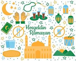 Set of holy Ramadan Kareem elements Muslim festival Ramazan vector