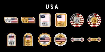Hecho en etiqueta, sello, insignia o logotipo de EE. UU. con la bandera nacional de estados unidos. en colores platino, oro y plata. emblema premium y de lujo vector