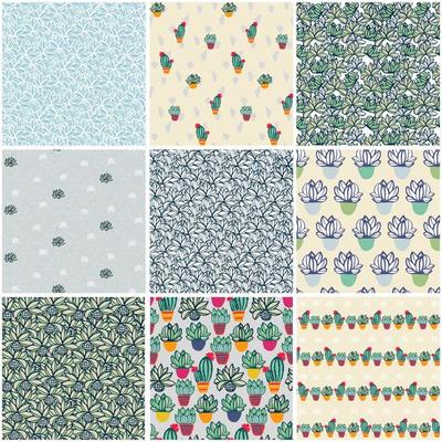 Cactus plant seamless pattern set for textile, pastel delicate greenery color
