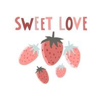 conjunto de fresas con dulce amor diciendo sobre fondo blanco vector