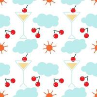 Seamless multi-colored pattern depicting a filled cocktail glass with cherries, sun and clouds around. Abstract background. Vector illustration.