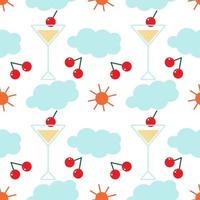 Seamless multi-colored pattern depicting a filled cocktail glass with cherries, sun and clouds around. Abstract background. Vector illustration.