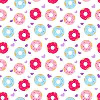 Donuts with hearts sprinkling seamless pattern. Food repeat vector illustration. Romantic design for Valentine's day, textile, wrapping paper, cafe stuff, birthday packaging, background