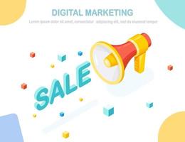 3d isometric megaphone, loudspeaker with text. Discount sale. Online shopping concept. Buy in retail shop by internet. Digital marketing. Business development advertising Vector design for web banner