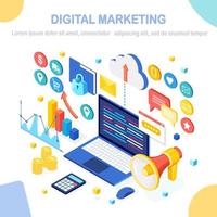 Digital marketing concept. 3d isometric computer, laptop, pc with money chart, graph, folder, megaphone, loudspeaker. Business development, strategy, advertising. Social media analysis. Vector design