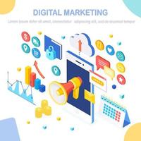 Digital marketing. 3d isometric mobile phone, smartphone with money, graph, folder, megaphone, loudspeaker, bullhorn. Business development strategy advertising. Social media analysis Vector design