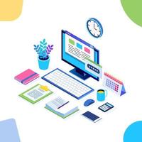 Working process. Time management. 3d isometric office workplace with computer, laptop, pc, mobile phone, coffee, clock, calendar, document. Vector design for banner