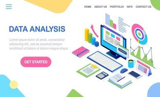 Data analysis. Digital financial reporting, seo, marketing. Business management, development. 3d isometric laptop, computer, pc with graph, chart, statistic. Vector design for website