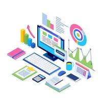 Data analysis. Digital financial reporting, seo, marketing. Business management, development. 3d isometric laptop, computer, pc with graph, chart, statistic. Vector design for website