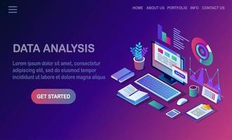 Data analysis. Digital financial reporting, seo, marketing. Business management, development. 3d isometric laptop, computer, pc with graph, chart, statistic. Vector design for website