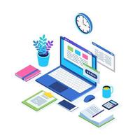 Working process. Time management. 3d isometric office workplace with computer, laptop, pc, mobile phone, coffee, clock, calendar, document. Vector design for banner