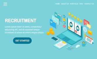 Recruitment. 3d isometric computer, laptop, pc with cv resume, folder, stars. Human Resources, HR. Hiring employees. Job interview. Vector design for banner