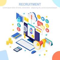 Recruitment. 3d isometric computer, laptop, pc with cv resume, folder, megaphone, bullhorn, loudspeaker, speech bubble. Human Resources, HR. Hiring employees. Job interview. Vector design for banner