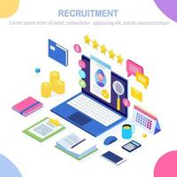 Recruitment. 3d isometric computer, laptop, pc with cv resume, folder, stars. Human Resources, HR. Hiring employees. Job interview. Vector design for banner