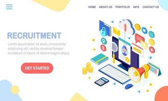 Recruitment. 3d isometric computer, laptop, pc with cv resume, folder, megaphone, bullhorn, loudspeaker, speech bubble. Human Resources, HR. Hiring employees. Job interview. Vector design for banner