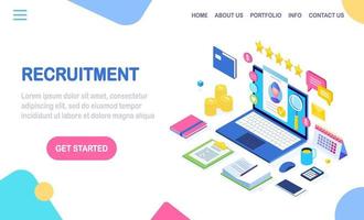 Recruitment. 3d isometric computer, laptop, pc with cv resume, folder, stars. Human Resources, HR. Hiring employees. Job interview. Vector design for banner