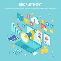 Recruitment. 3d isometric computer, laptop, pc with cv resume, folder, megaphone, bullhorn, loudspeaker, speech bubble. Human Resources, HR. Hiring employees. Job interview. Vector design for banner