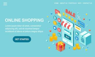 Online shopping concept. Buy in retail shop by internet. Discount sale. 3d isometric mobile phone, smartphone with money, credit card, customer review, feedback, gift box. Vector design for banner